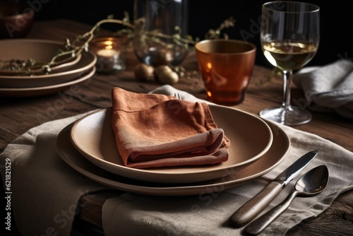 Empty tableware with a brown napkin  food styling props  and a premium set for a wedding  event  date  party  or luxury home interior d  cor brand are part of the dishware  menu  and table concept