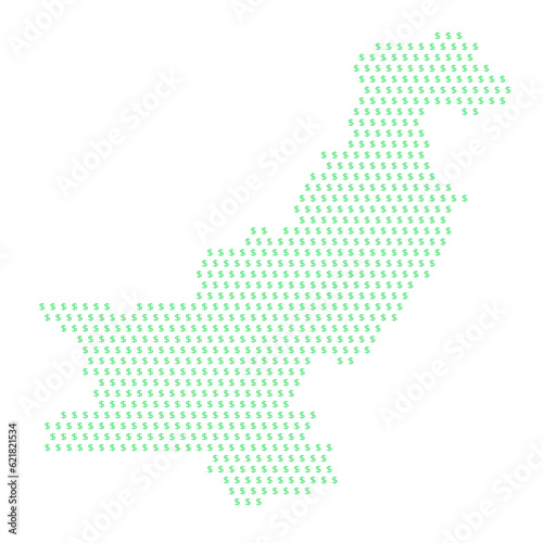 Map of the country of Pakistan with dollar sign icons on a white background
