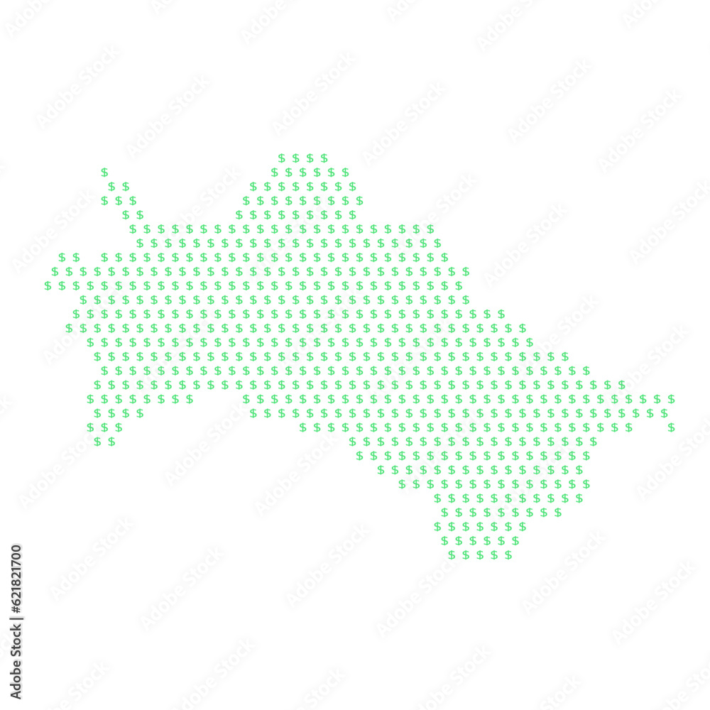 Map of the country of Turkmenistan with dollar sign icons on a white background