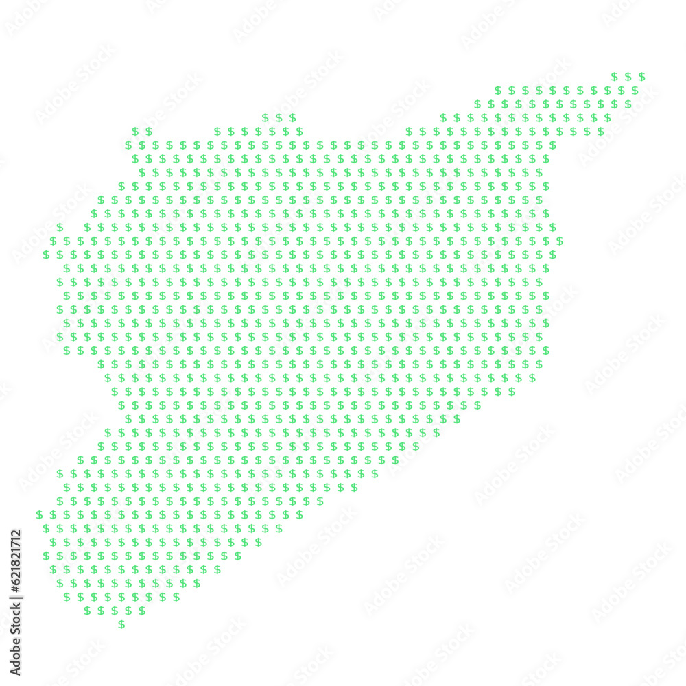 Map of the country of Syria with dollar sign icons on a white background