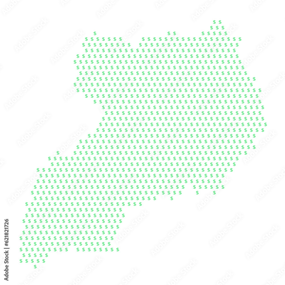 Map of the country of Uganda with dollar sign icons on a white background