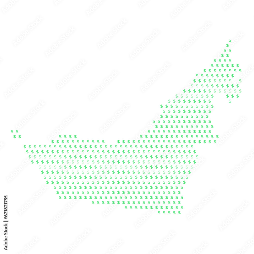 Map of the country of United Arab Emirates with dollar sign icons on a white background