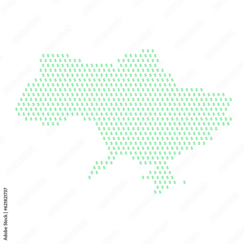 Map of the country of Ukraine with dollar sign icons on a white background
