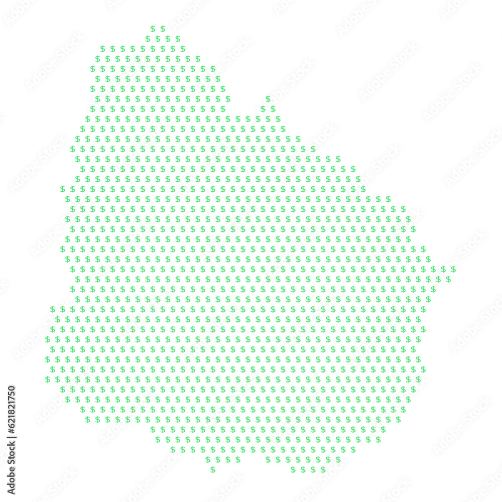 Map of the country of Uruguay with dollar sign icons on a white background