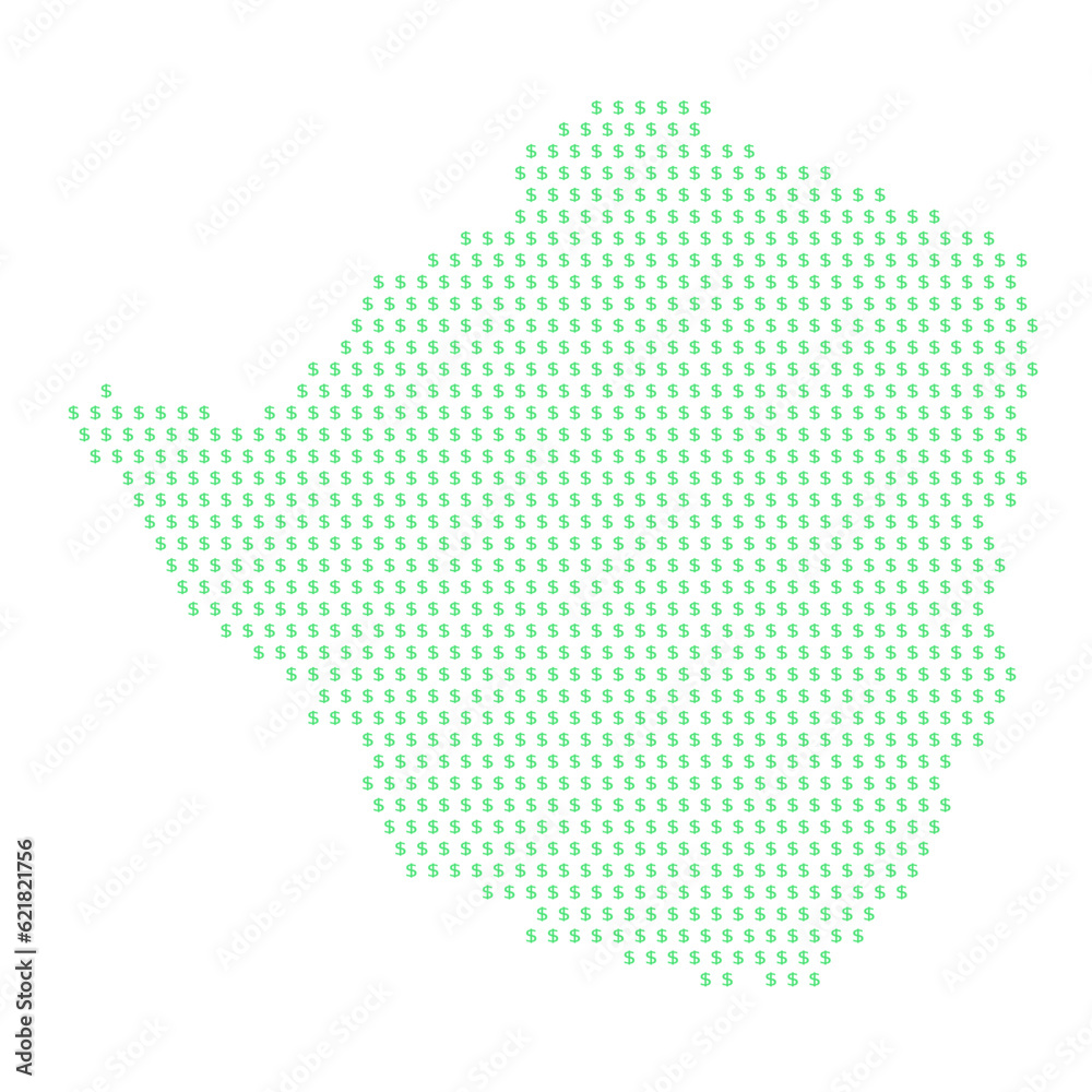 Map of the country of Zimbabwe with dollar sign icons on a white background