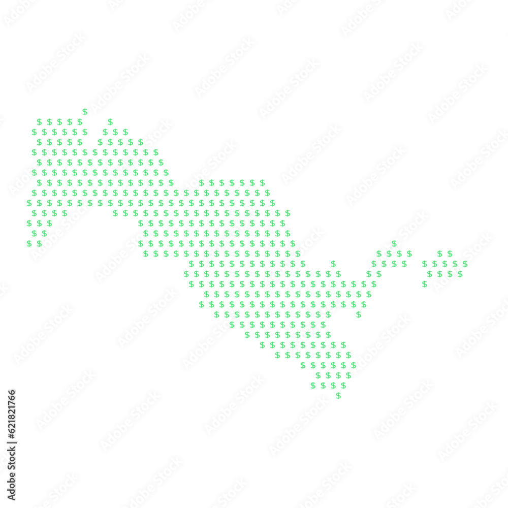 Map of the country of Uzbekistan with dollar sign icons on a white background