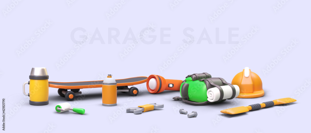 Yard sale. 3D tools, spare parts, travel accessories, skateboard. Horizontal banner for sign. Sale of used items. Bright template with cute illustration. Place for text, date