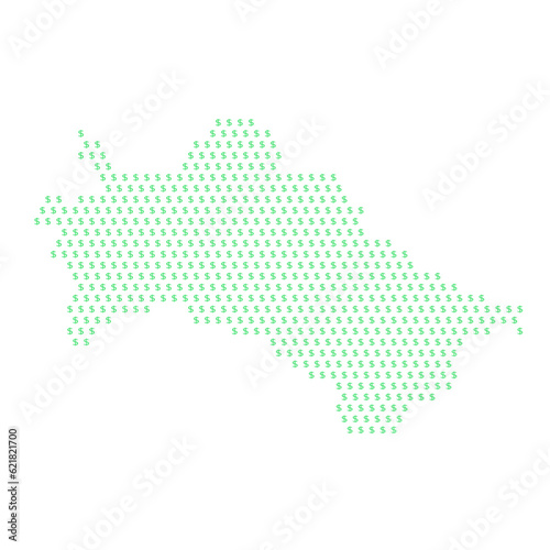 Map of the country of Turkmenistan with dollar sign icons on a white background