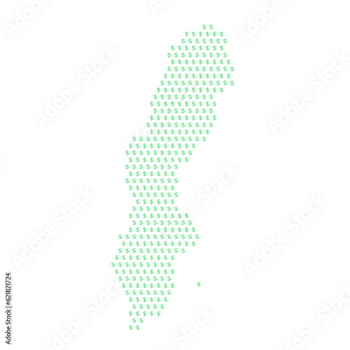 Map of the country of Sweden with dollar sign icons on a white background