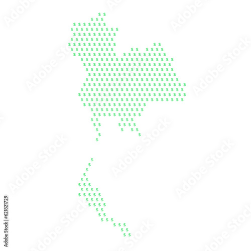 Map of the country of Thailand with dollar sign icons on a white background