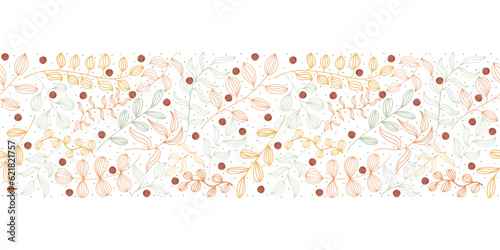 Vector horizontal seamless pattern with autumn branches, leaves and berries. Seasonal fall banner design for greeting or promotion.