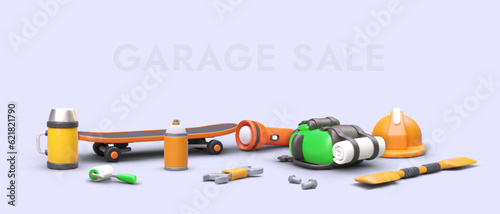 Yard sale. 3D tools, spare parts, travel accessories, skateboard. Horizontal banner for sign. Sale of used items. Bright template with cute illustration. Place for text, date