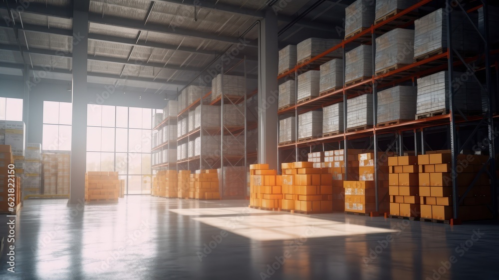 Large industrial warehouse. High racks filled with boxes and containers. Boxes on pallets in the loading area. Daylight fills the room through the windows. Global logistics concept. 3D illustration.