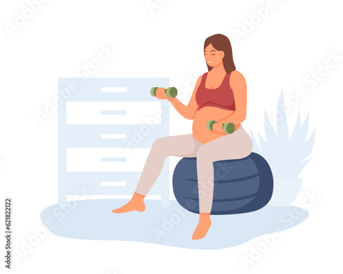 Pregnant lady sitting on ball and doing exercises. Regular physical activity and healthy lifestyle. Healthy pregnancy and sports. Doing prenatal yoga. Vector flat illustration