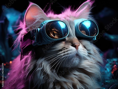 White cat wearing VR headset, surreal worlds and colorful, black in the background and purple light. Generative AI