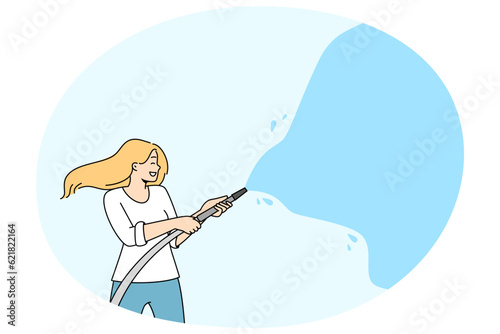 Happy woman watering with hose during summer activity festival. Smiling female have fun splashing water. Summer seasonal time. Vector illustration.