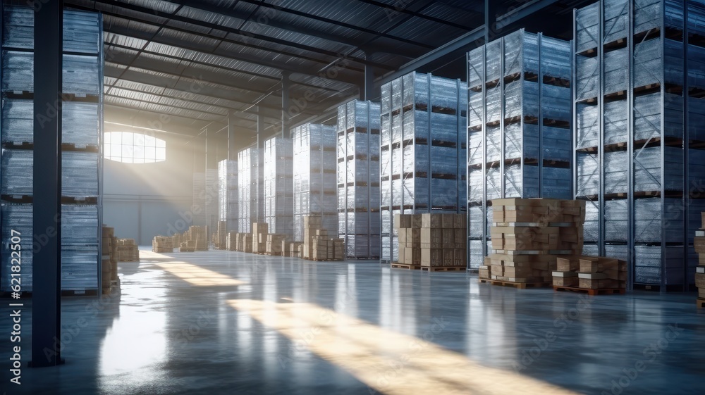 Large industrial warehouse. High racks filled with boxes and containers. Boxes on pallets in the sorting area. Daylight fills the room through the windows. Global logistics concept. 3D illustration. Large industrial warehouse. High racks filled with boxes and containers. Boxes on pallets in the sorting area. Daylight fills the room through the windows. Global logistics concept. 3D illustration.