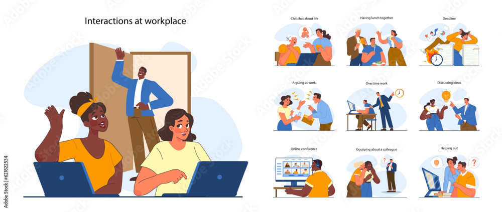Office interactions set. Team communication scenes. Work process