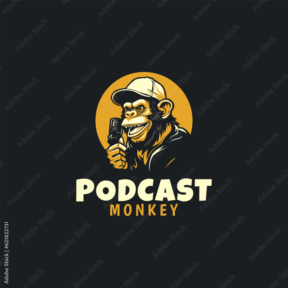 Podcast icon logo design template. a combination monkey wearing a hat and holding a microphone logo vector illustration