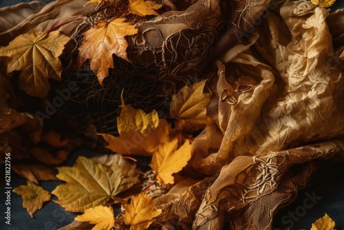 draped with maple leaves. Comfortable home decor Autumn background and atmosphere. Generative AI