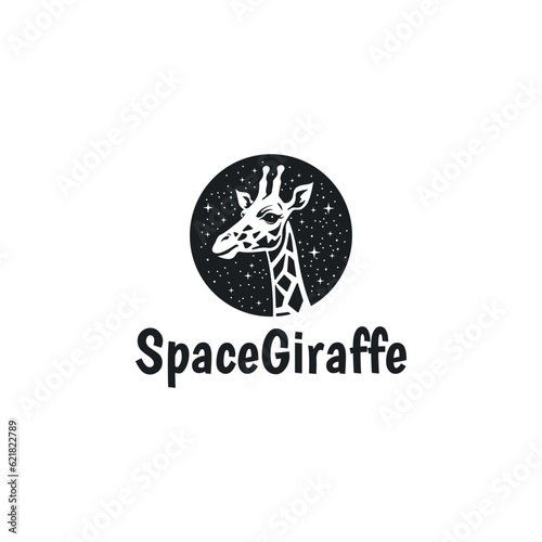 Monochrome giraffe head icon logo design template. silhouette giraffe head in circle and stars logo vector illustration