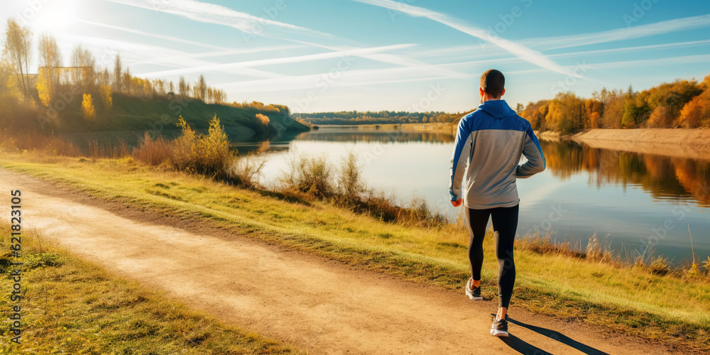 Fototapeta premium Young man running on pier near river in morning. Generative AI