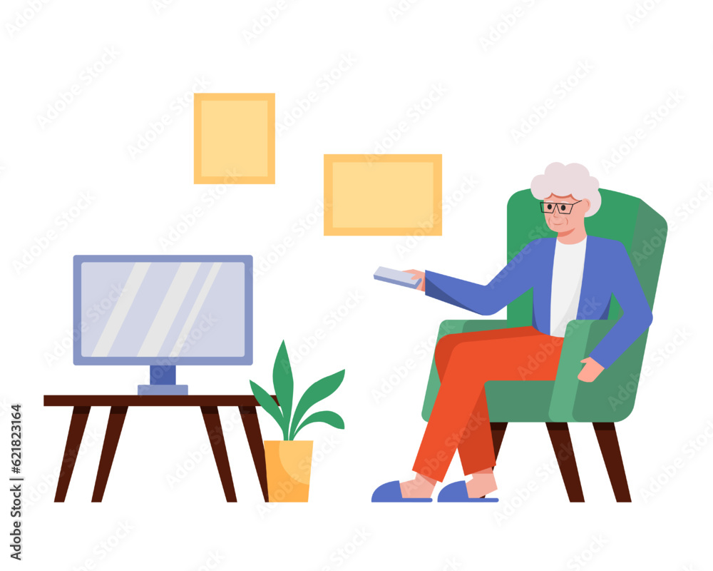Old male sitting in armchair, holding remote control and switching channels on TV. Senior man spending time and resting at home. Happy old age concept. Colorful vector flat illustration