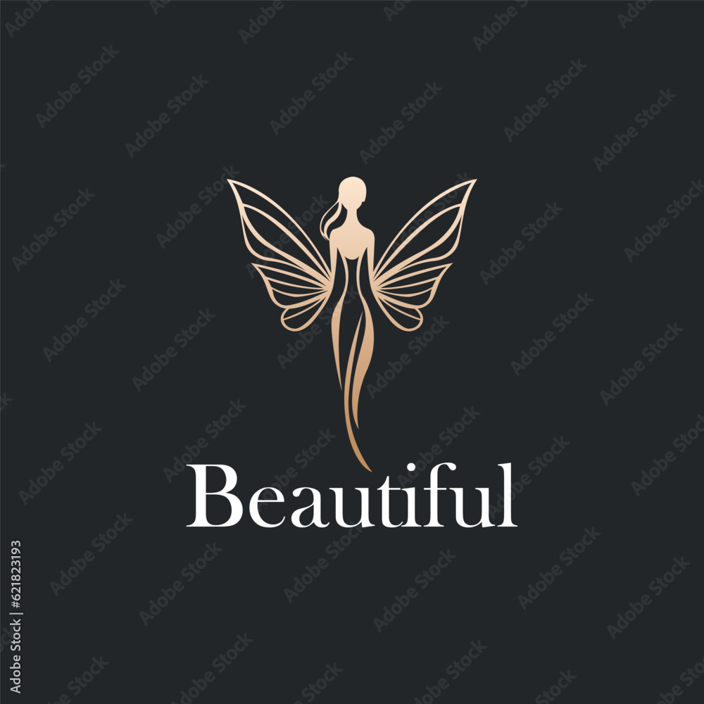 Beautiful icon logo design template. Monochrome combination of standing woman with butterfly wings logo vector illustration Beautiful icon logo design template. Monochrome combination of standing woman with butterfly wings logo vector illustration