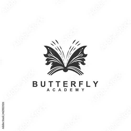 butterfly icon logo design template. Monochrome combination of butterfly on an open book logo vector illustration