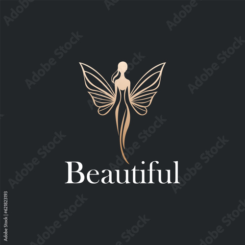 Beautiful icon logo design template. Monochrome combination of standing woman with butterfly wings logo vector illustration