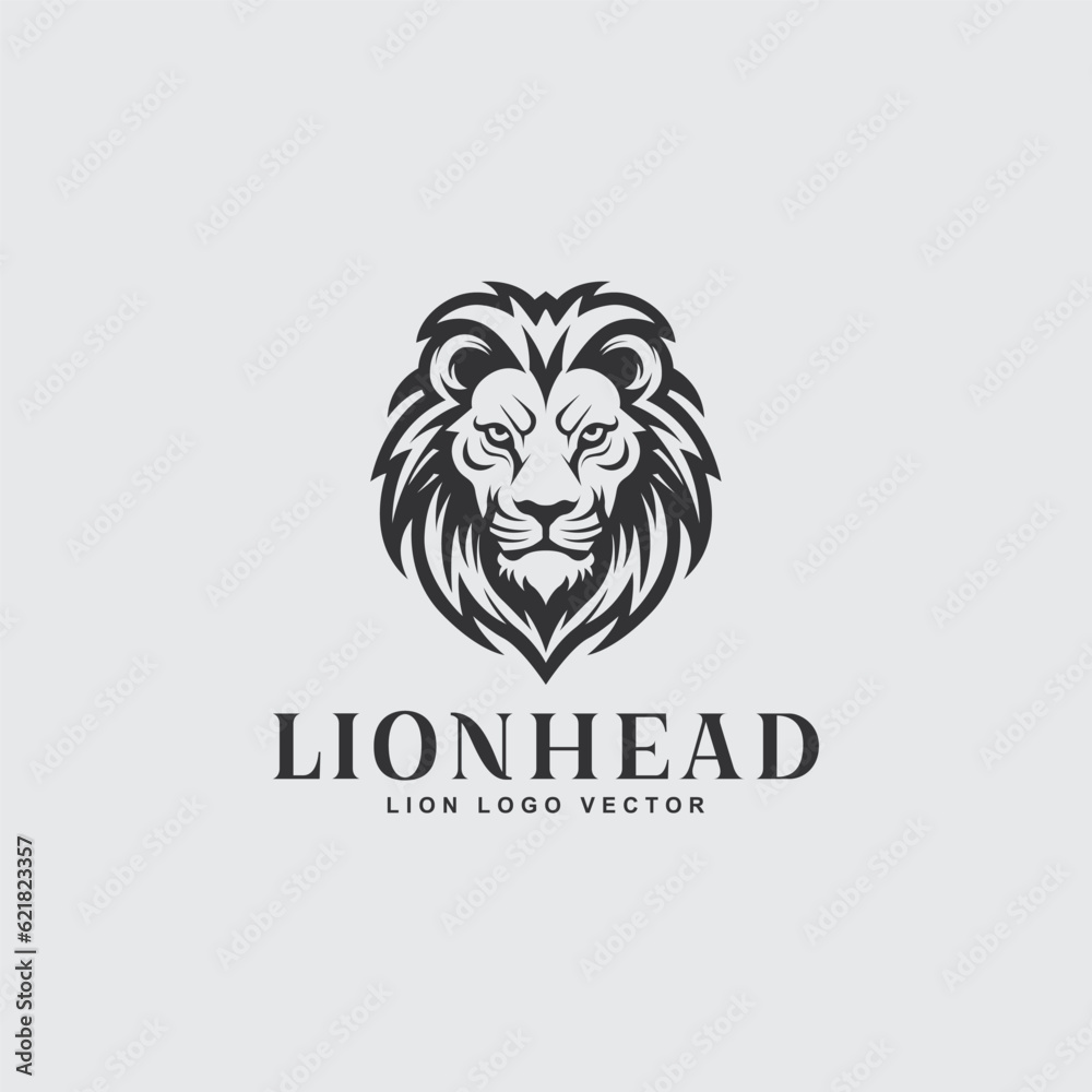 Lion icon logo design template. Monochrome lion's head from the front vector illustration