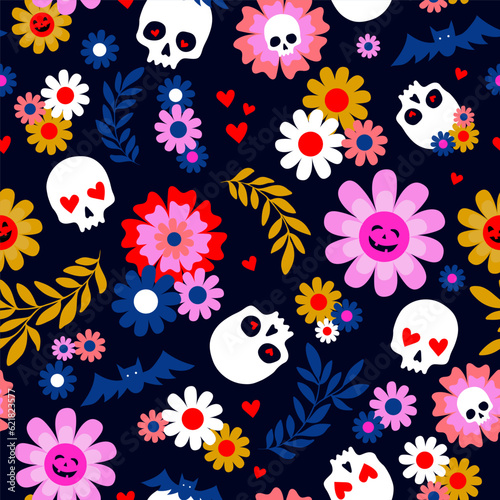 Sculls with colorful flowers and red heart on dark blue background. Seamless pattern foe Halloween or Day of the Dead