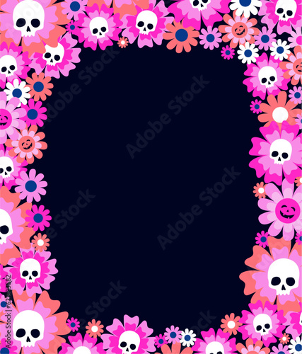 Frame of colorful pink flowers with white sculls and copy space for text in the middle. Vector illustration for Halloween card and banners