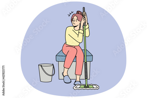 Unhappy housewife sitting with mop after cleaning feel distressed with home work. Upset woman housekeeper tired of housework. Chores at house. Vector illustration.
