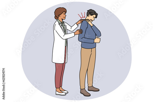 Physiotherapist help male patient with backache, suffering from spasm. Female doctor massage man shoulder or neck muscles, relieve tension in back. Healthcare. Vector illustration.