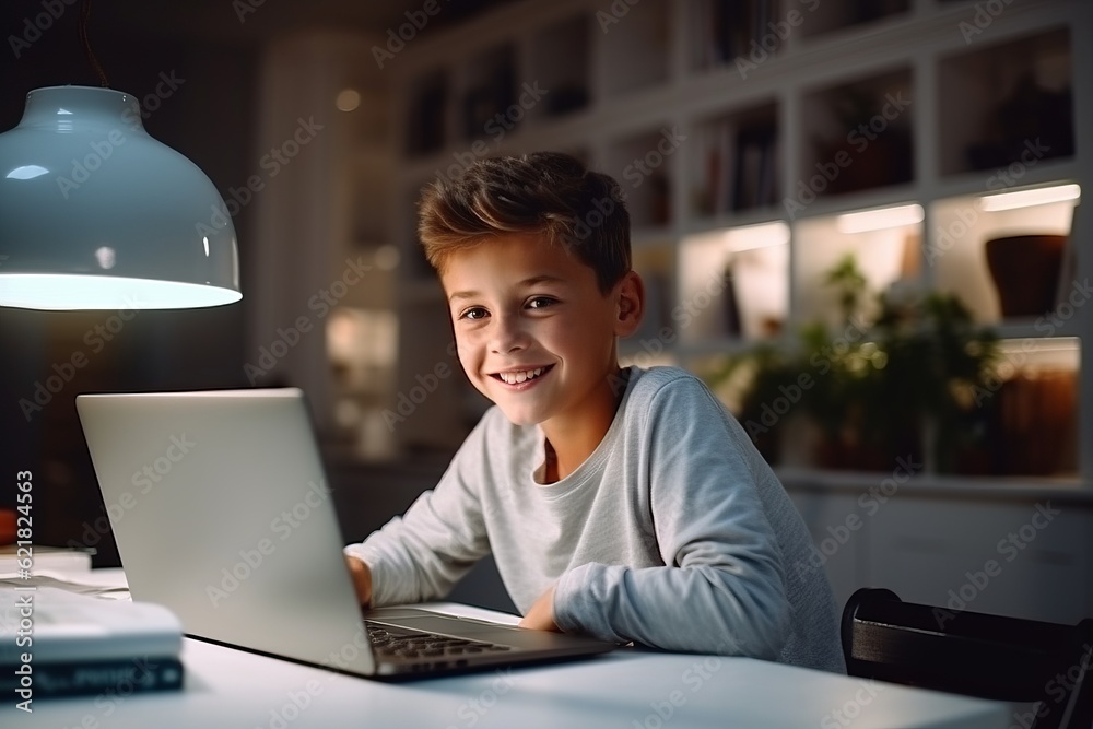 the boy is sitting at the laptop in the room. study. generative ai.