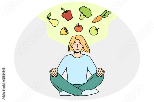 Calm young woman meditating thinking of healthy eating. Happy girl in lotus pose go vegetarian and diet. Eco and organic products. Vector illustration.