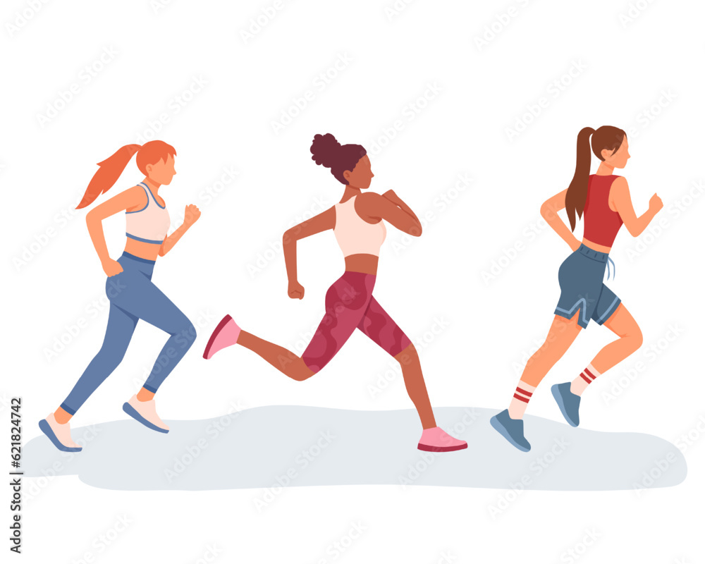 Pretty young ladies running outside. Doing cardio exercises together. Concept of healthy and active lifestyle. Running competition. Time to lose weight. Vector flat illustration