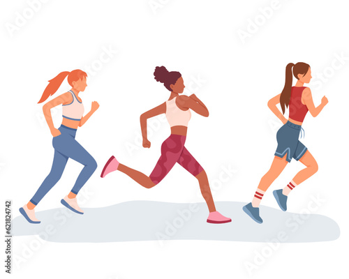Pretty young ladies running outside. Doing cardio exercises together. Concept of healthy and active lifestyle. Running competition. Time to lose weight. Vector flat illustration