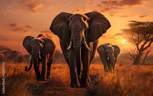 A herd of elephants walking across a grass covered field. AI