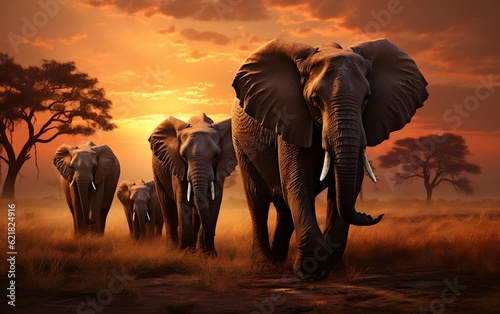 Photo A herd of elephants walking across a grass covered field. AI