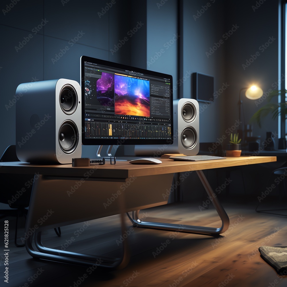 Naklejka premium a computer on a table with speakers