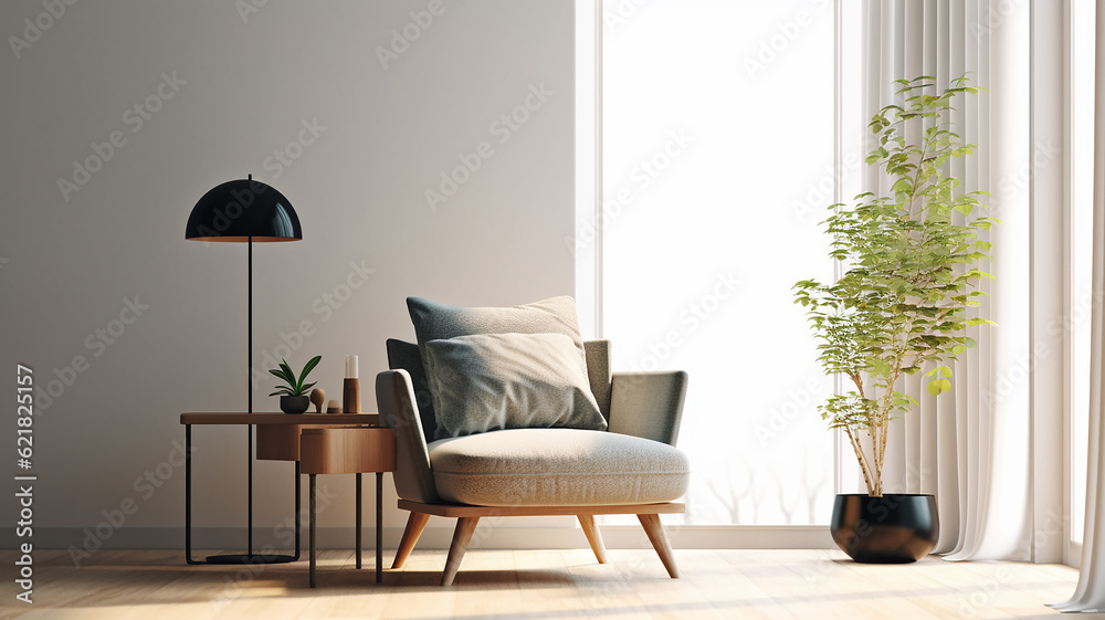 an armchair in a bright modern minimalist interior against a wall background. Generative AI an armchair in a bright modern minimalist interior against a wall background. Generative AI