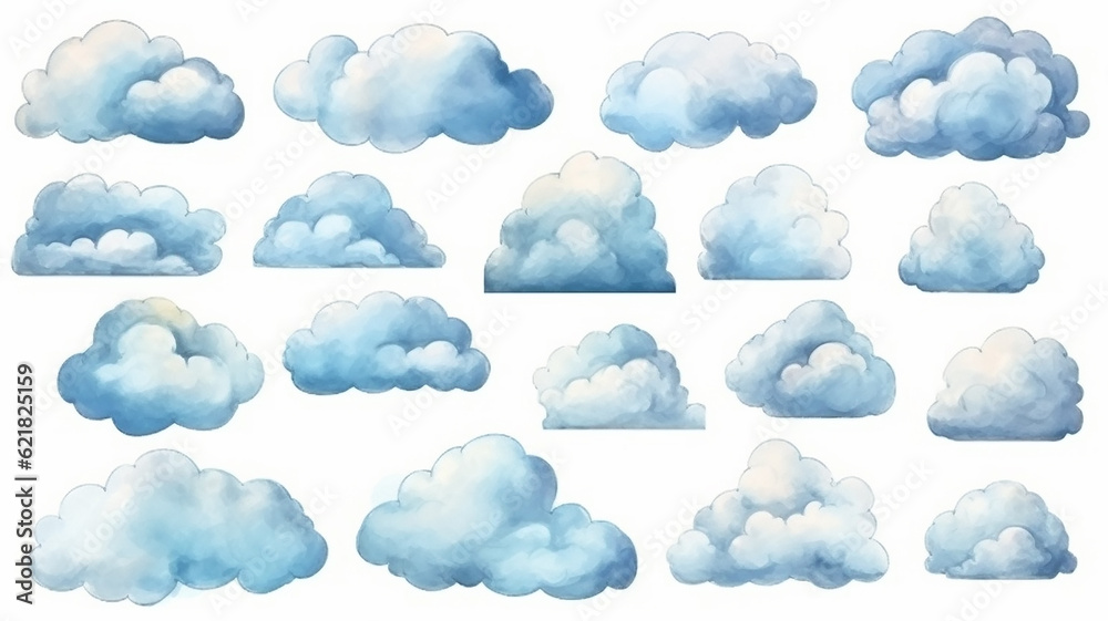 Fototapeta premium a set of watercolor painted clouds on a white background isolated. Generative AI