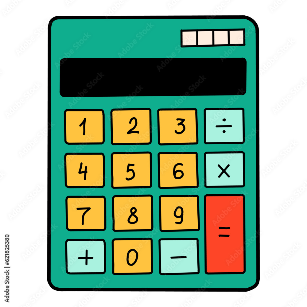 School calculator cartoon in doodle retro style. Back to school stationery element bold bright. Classic supplies for children education or office work. Fun vector illustration isolated on white