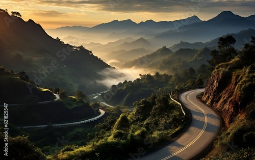 A scenic view of a winding road in the mountains. AI