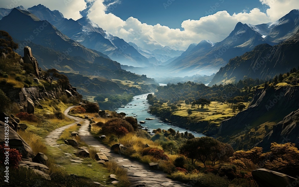 A scenic view of a winding road in the mountains. AI