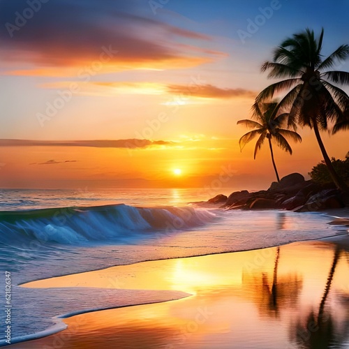 Sunset on the beach with palm trees, sea in orange sunlight, generative AI © Linda