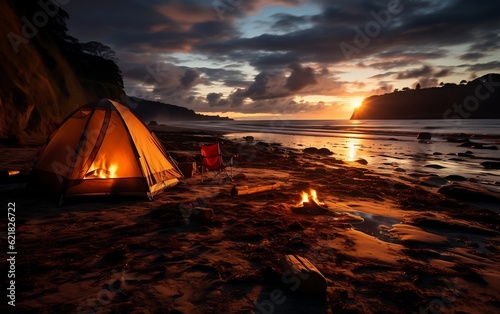 A tent is lit up on the beach at night. AI