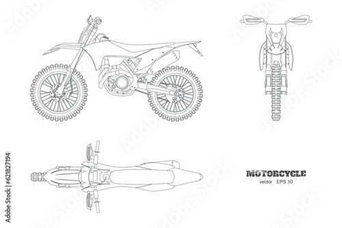 Isolated outline cross motorcycle. Line motorbike art. Front, side, top view of motocross cycle. Extreme bike industrial draw. Motorsport vehicle blueprint